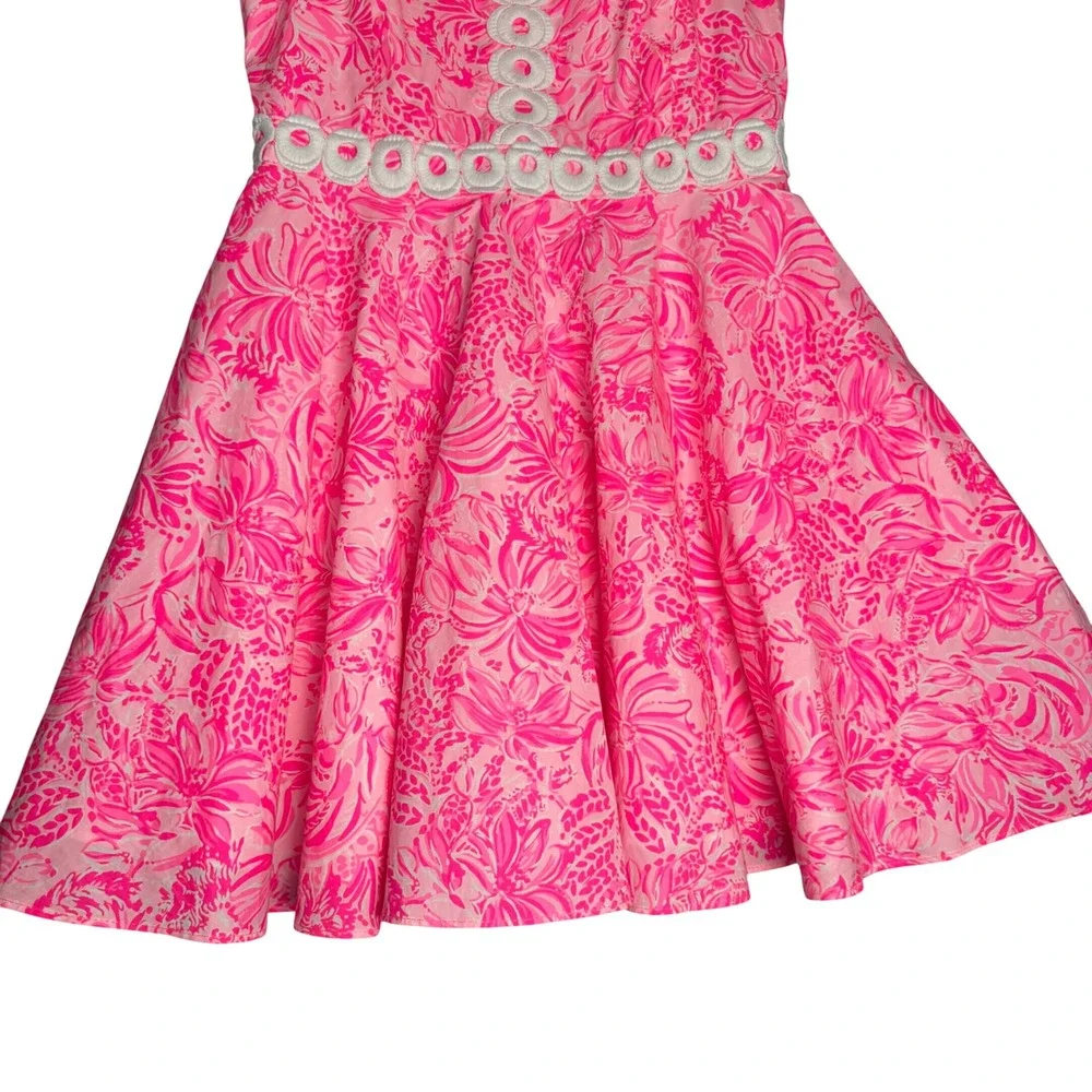 Lilly Pulitzer Girls Pink White Floral Lace Trim Sleeveless Flare Dress Size 8